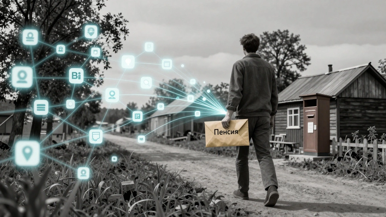 Человек уходит от цифровой сети денег к почтовому отделению, держа конверт с пенсией.