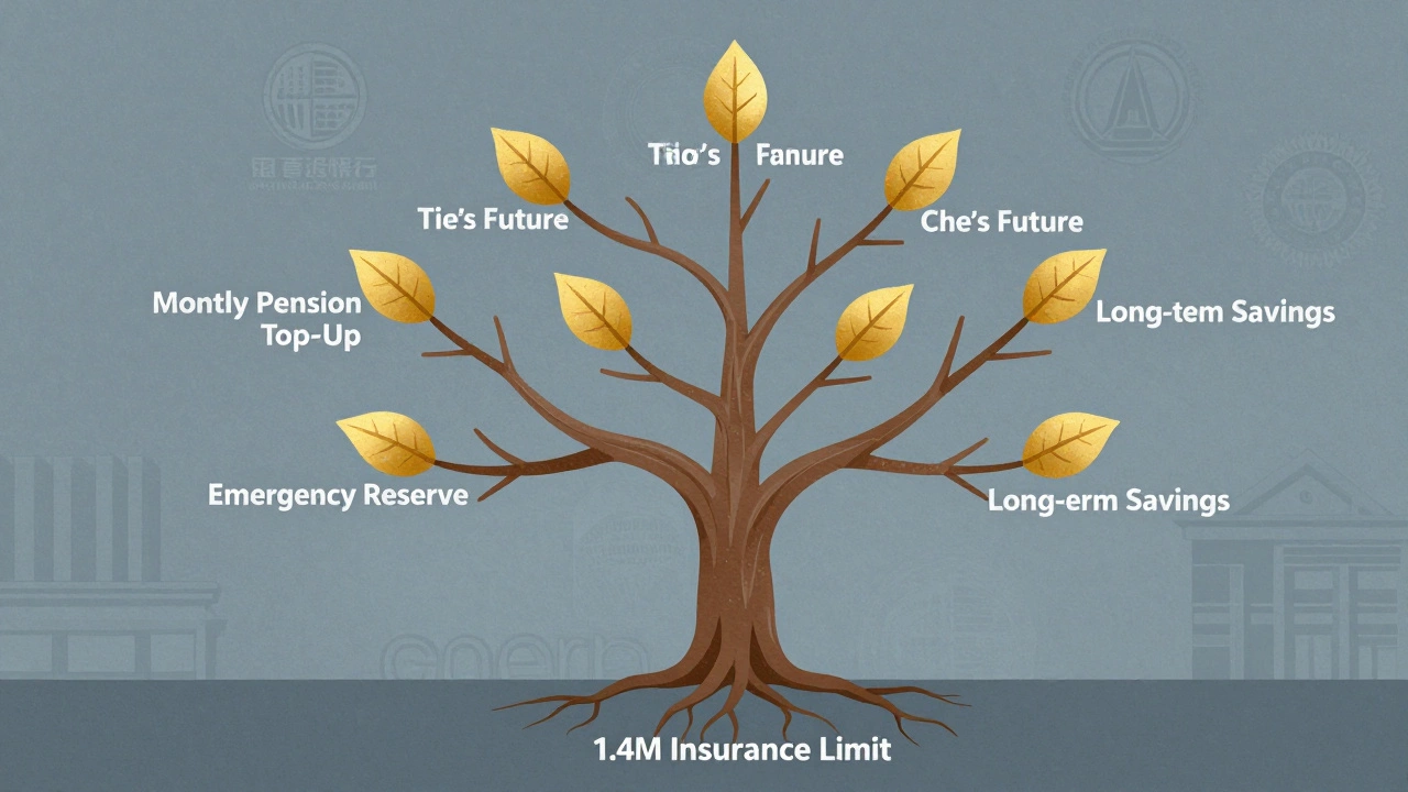 Дерево с ветвями, каждая из которых представляет отдельный вклад с целями и процентами.