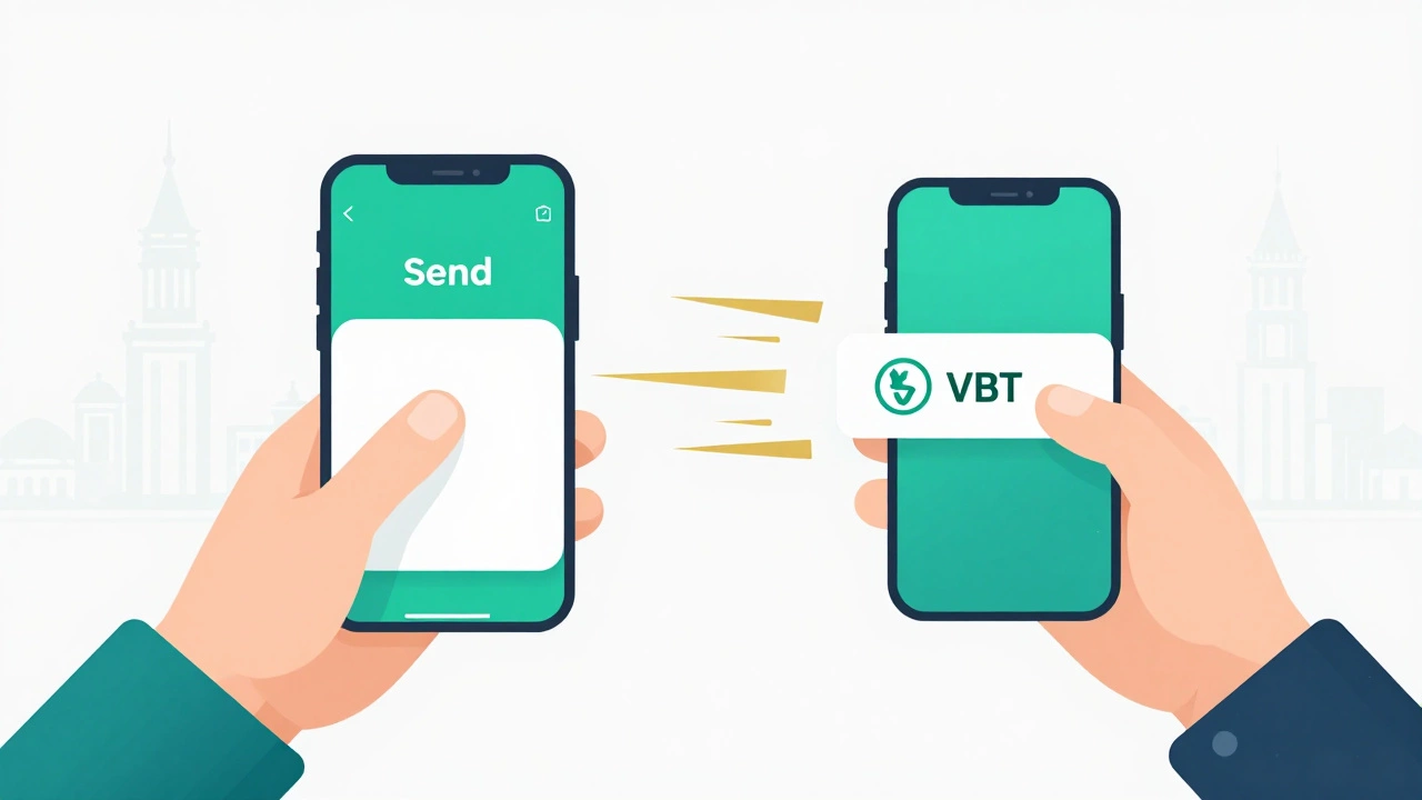 Две руки отправляют и получают мгновенный перевод через СБП, между ними — лучи скорости.