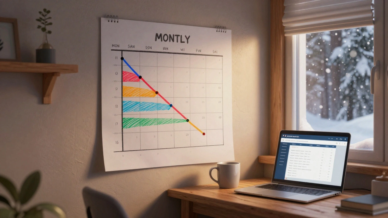 Ежемесячный график сбережений на стене с закрашенными сегментами, видно зимний пейзаж за окном.