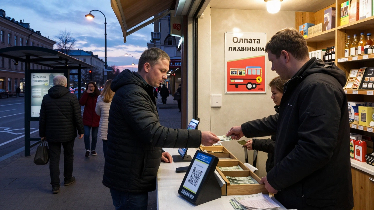 Мужчина платит наличными в магазине в Москве, терминал для QR-платежей не используется.