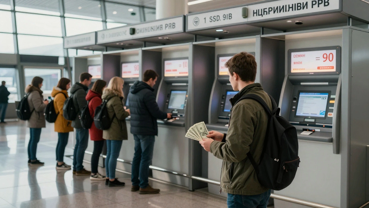 Пассажир обменивает доллары в аэропорту Москвы, на экране — курс 90 рублей за доллар, вокруг — банкоматы с картами МИР.