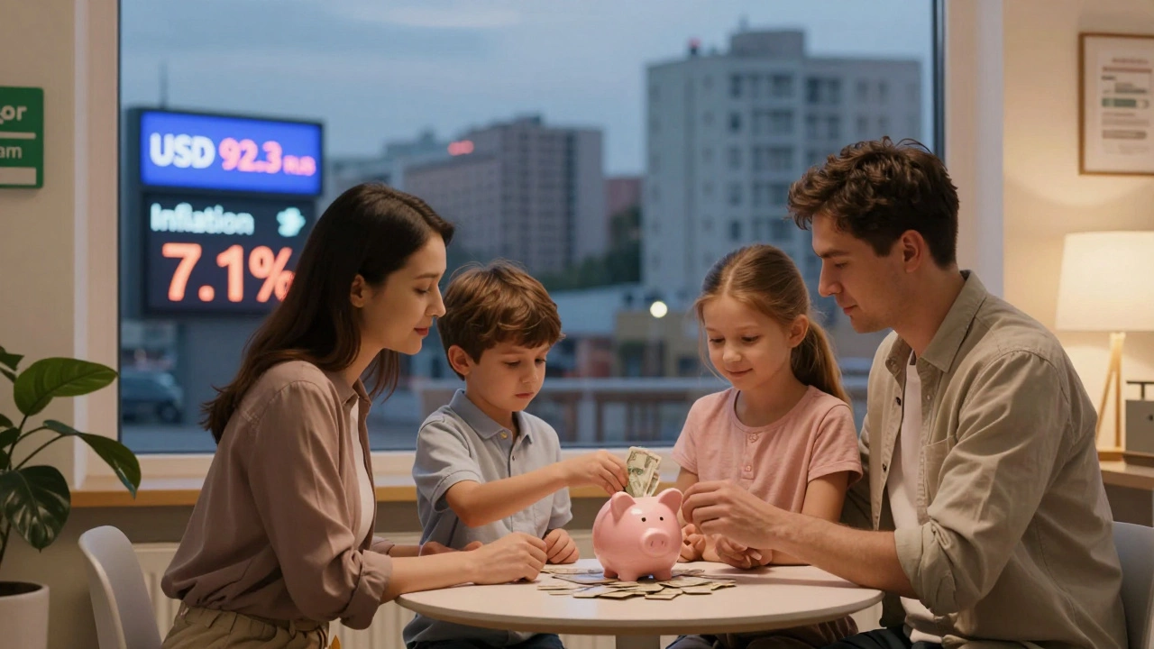 Семья кладёт деньги на вклад в банке, за окном — курс доллара 92,3 рубля и уровень инфляции 7,1%.
