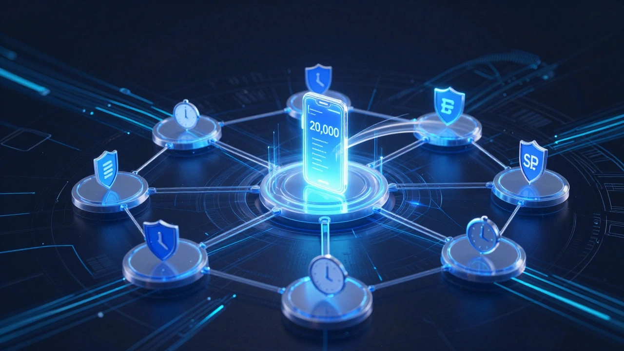 Схема системы быстрых платежей России с мгновенным переводом между банками и защитой.