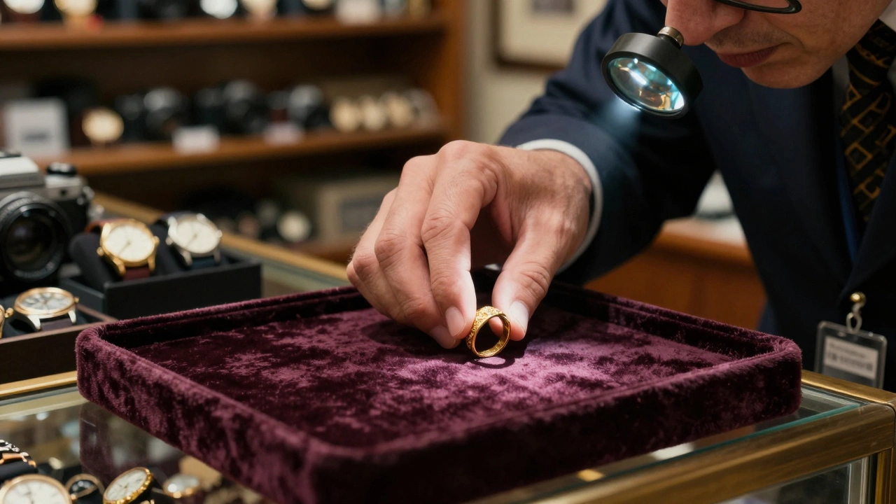 Ювелирное изделие оценивают в ломбарде на бархатной подложке