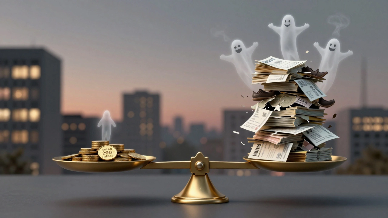 Весы: мелкая экономия с одной стороны, куча счетов и упущенных возможностей — с другой, тени счастливой версии себя.