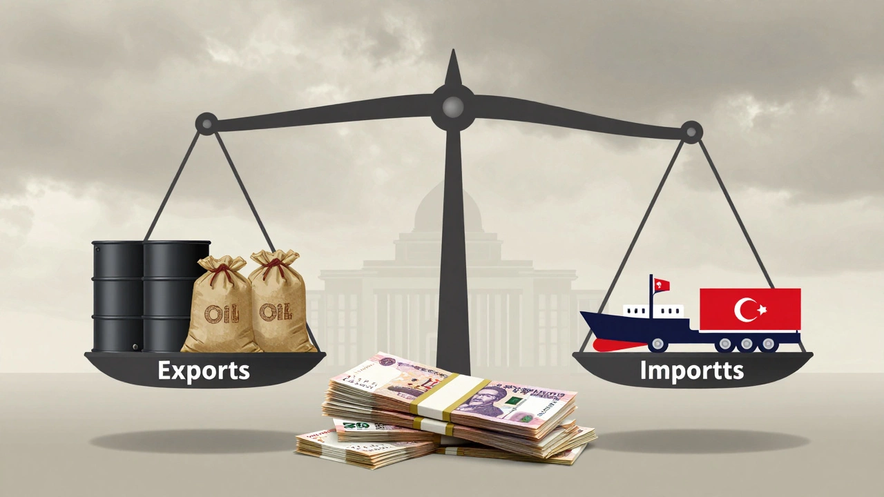 Весы с экспортом на одной стороне и импортом на другой, рубли по центру, символизируя экономическое равновесие.