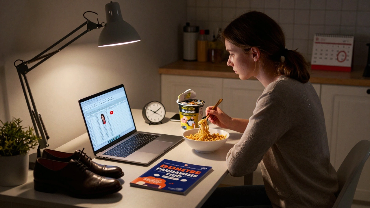 Женщина ночью за кухонным столом, между бесплатным видео и дорогим курсом, лампа освещает её усталое лицо.