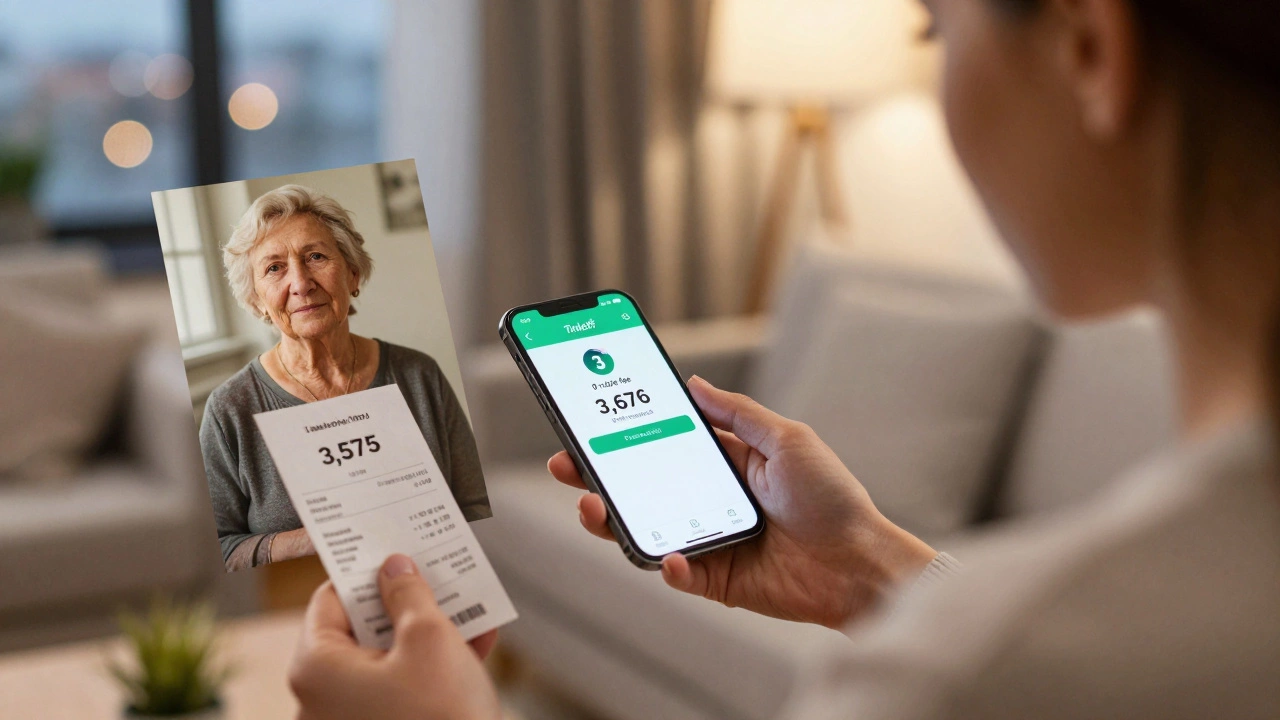 Женщина отправляет деньги маме в Беларусь через приложение, на экране видна сумма без комиссии.