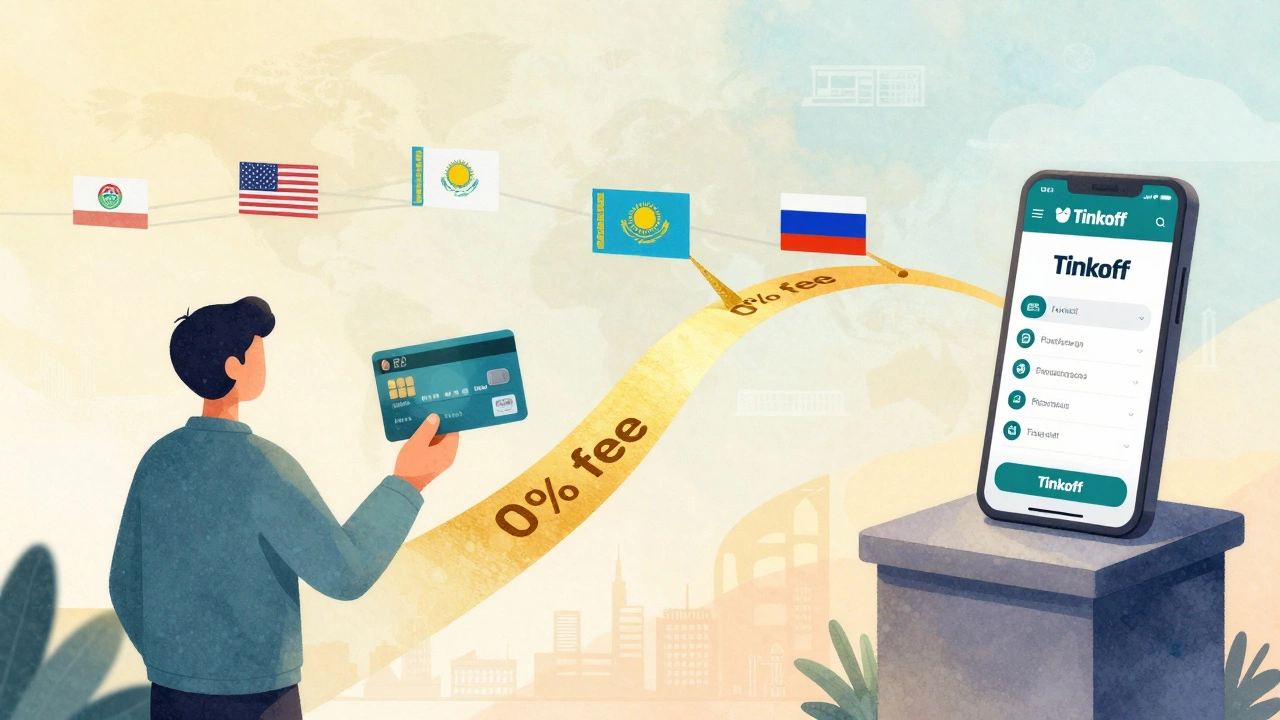 Человек использует банковскую карту Тинькофф Казахстан для перевода денег в Россию, схема показывает маршрут через Казахстан.