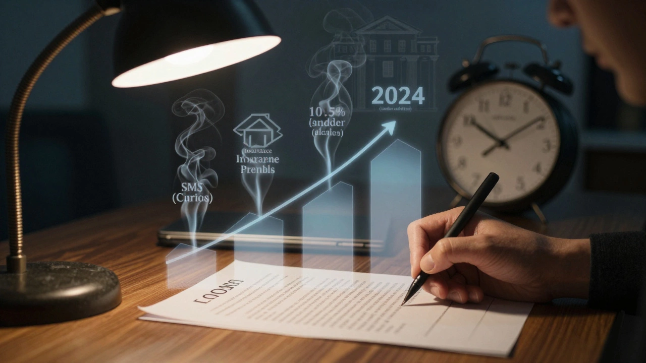 Человек подписывает кредитный договор, скрытые комиссии поднимаются как дым из бумаги.