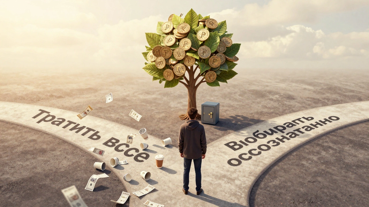 Человек стоит на перекрёстке: один путь — траты, другой — осознанный выбор с деревом из монет.