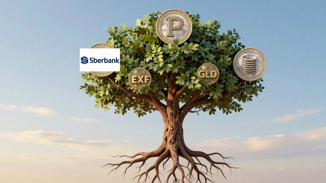 Дерево с корнями из монет и ветвями, символизирующими акции и ETF, под золотистым светом заката