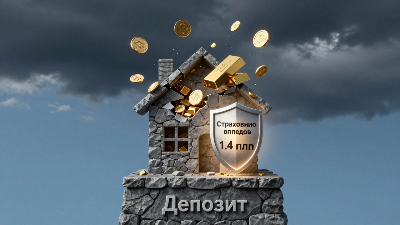 Фундамент 'Депозит' с защитным щитом поддерживает дом, остальные финансовые инструменты разрушаются