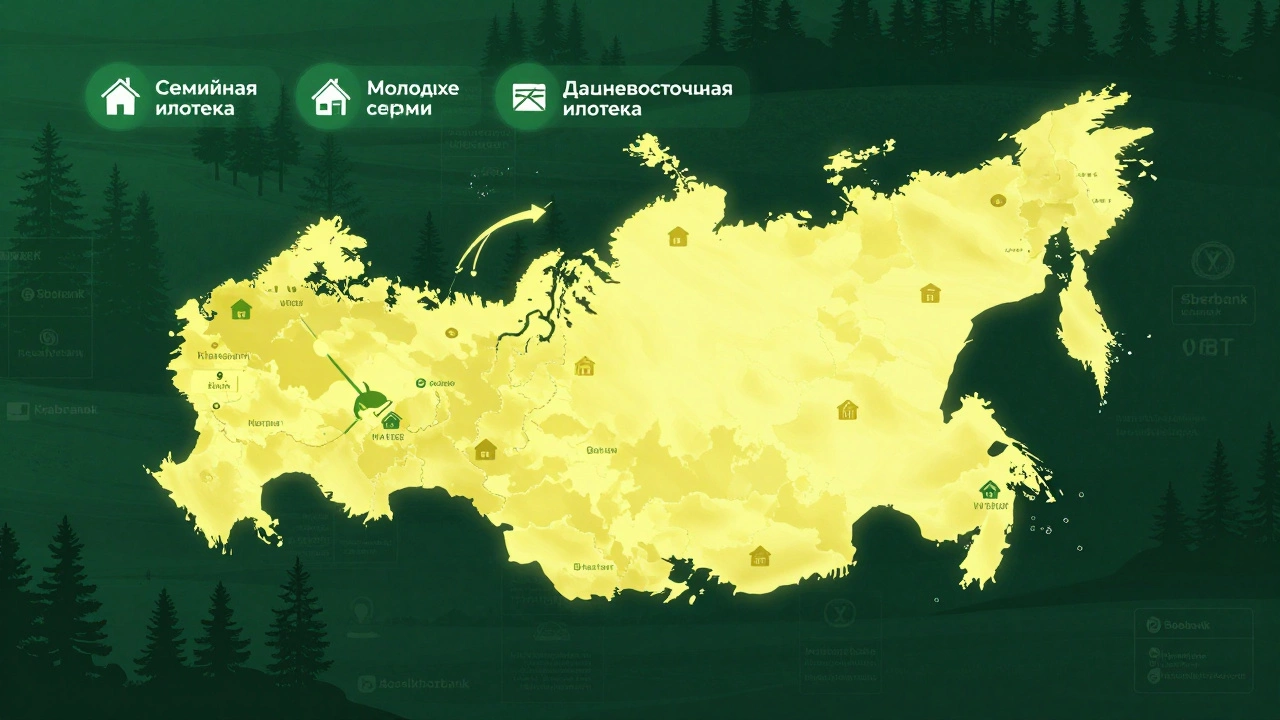 Карта России с выделенными регионами Дальнего Востока и значками государственных ипотечных программ.
