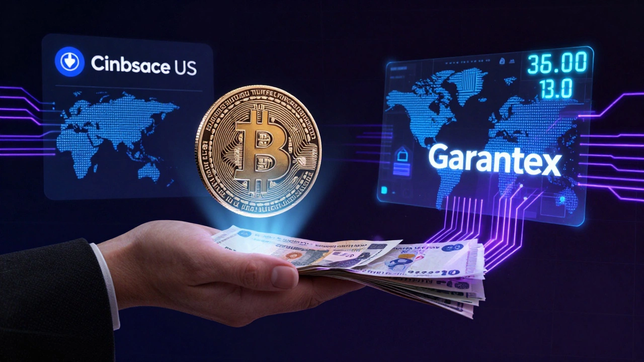 Криптовалюта USDT переходит из американской биржи в российский обменник, визуализирована как светящийся поток между двумя странами.