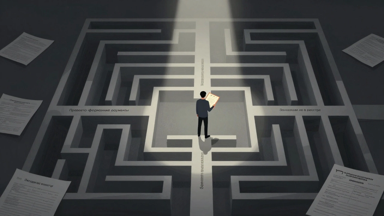 Лабиринт из документов, один человек теряется среди путей с надписями о причинах отказа в ипотеке