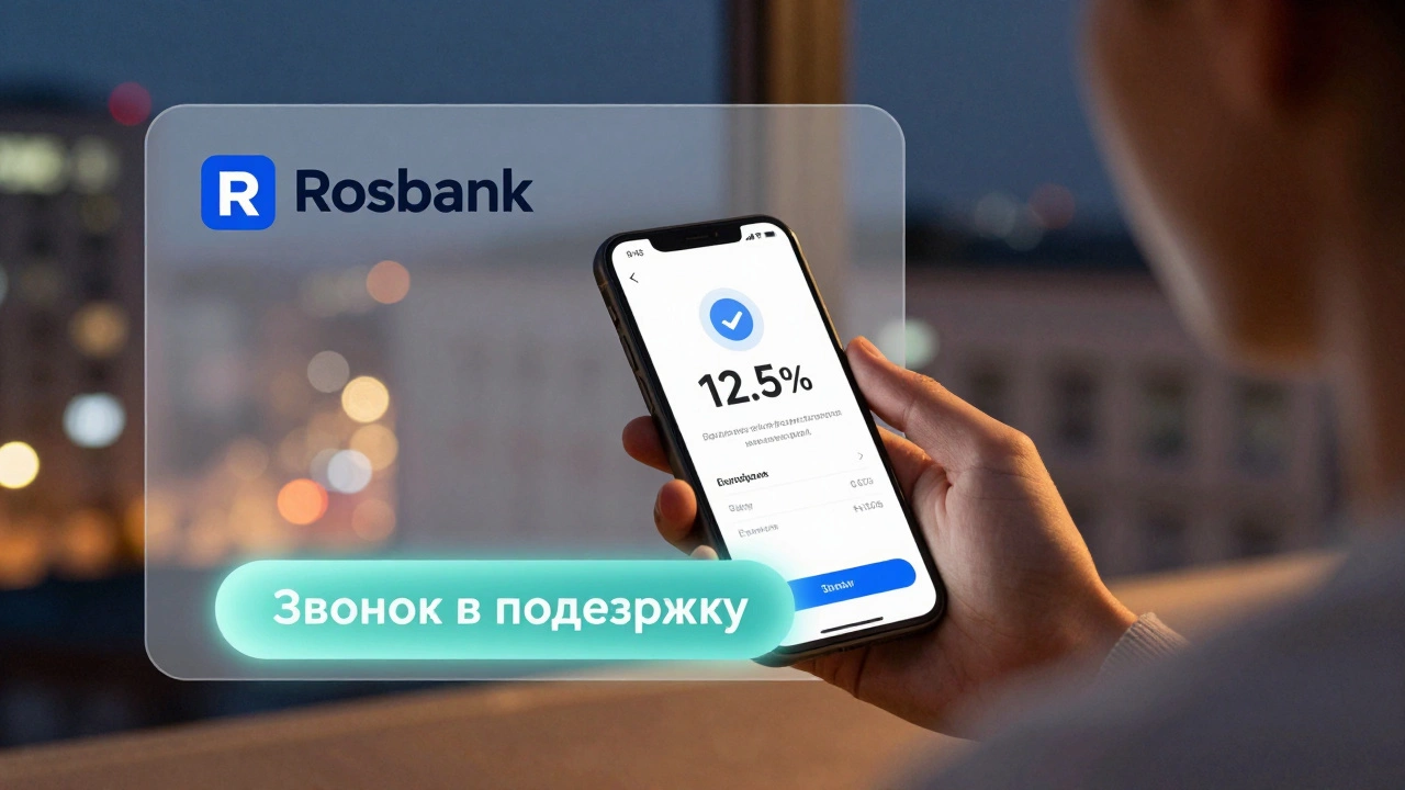 Молодой человек смотрит на телефон, где показан высокий процент по вкладу в Росбанке.