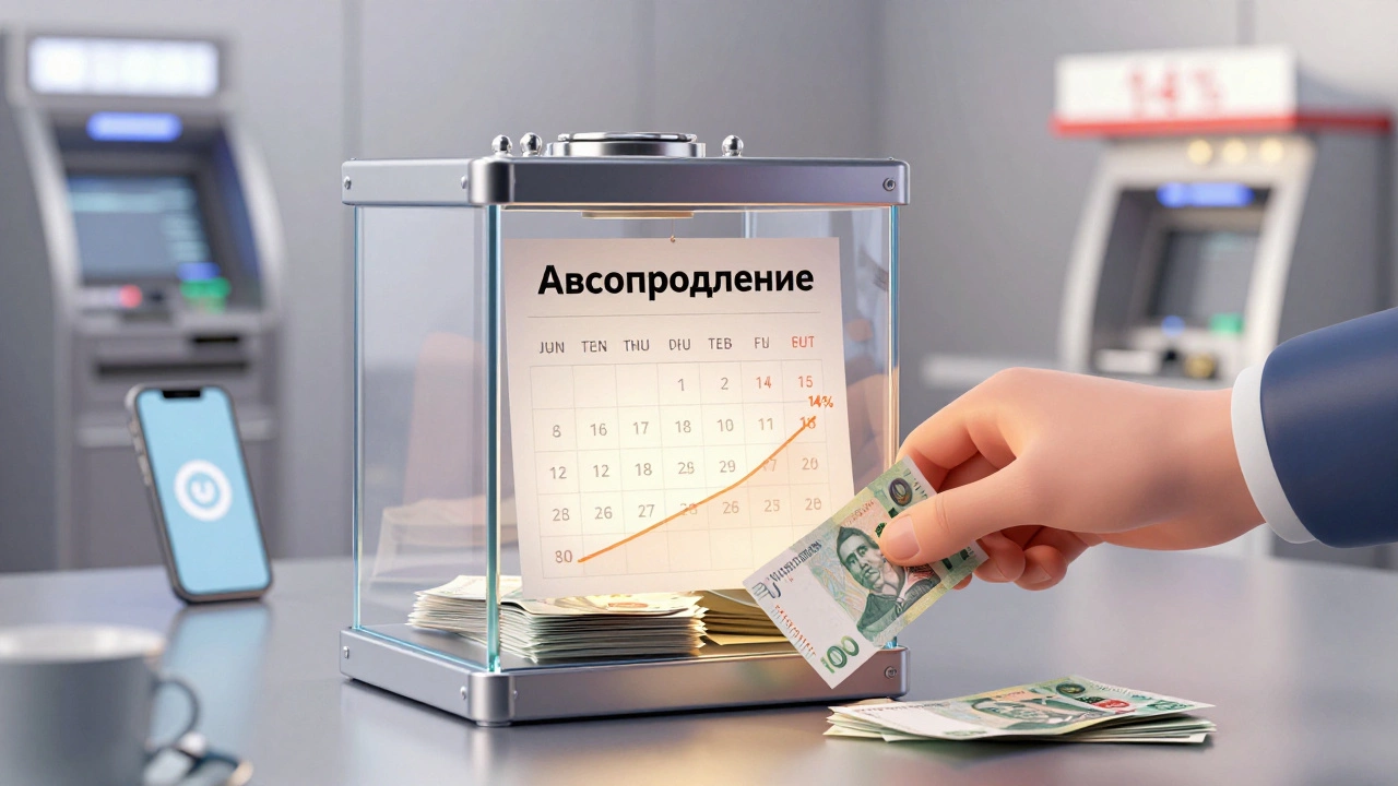 Рука кладет деньги в прозрачную копилку с автопродлением, растущий график процентов на фоне банкоматов