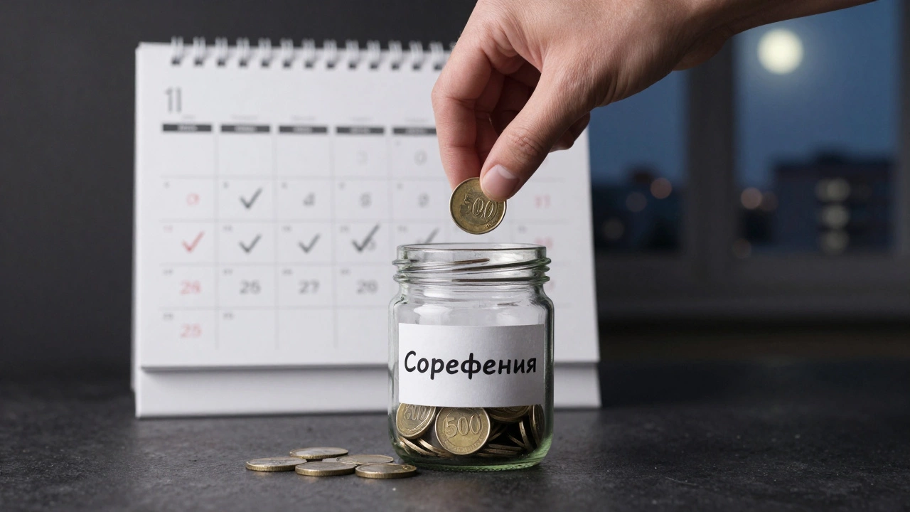 Рука кладёт монету в прозрачную банку с надписью 'Сбережения', на фоне календаря с отметками.