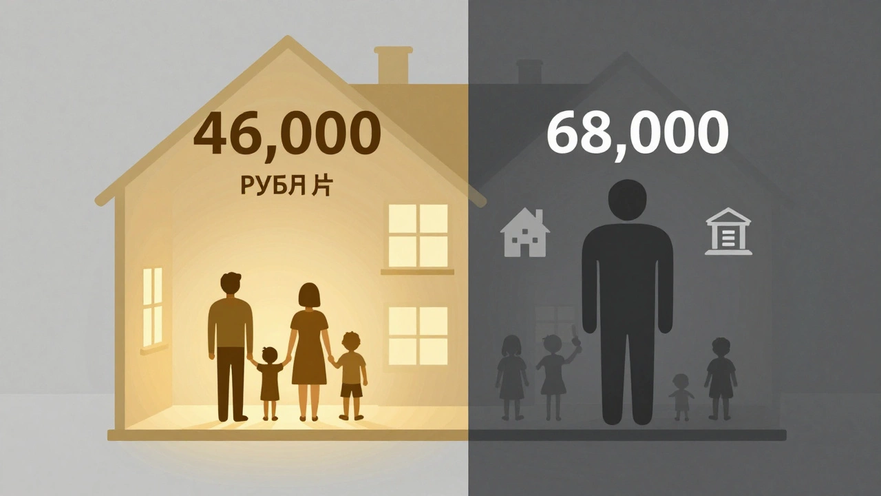 Сравнение ежемесячных платежей по ипотеке с государственной поддержкой и без неё, визуализированное как две части дома.