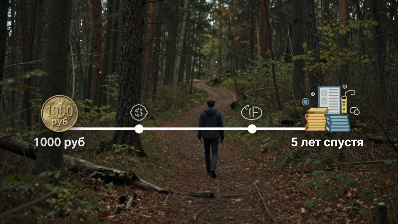 Тропа, показывающая рост инвестиций от 1000 рублей до портфеля через пять лет, с символами дивидендов и автопокупок