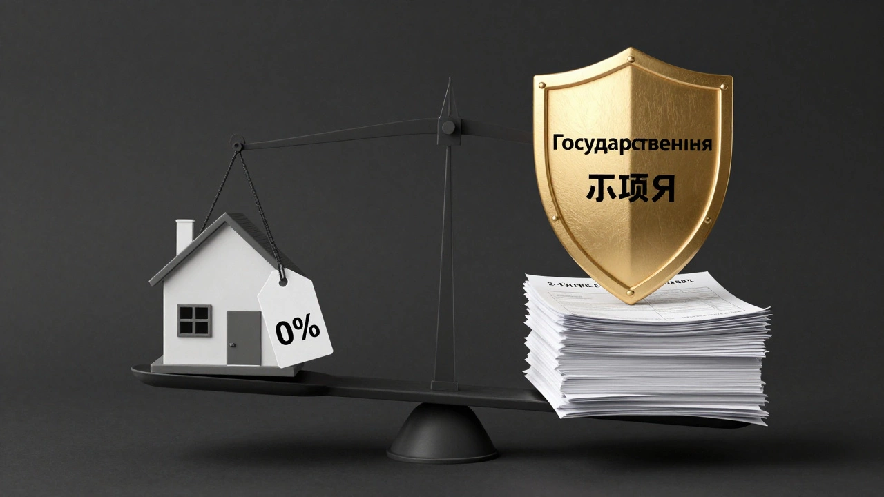 Весы с домом и документами, над ними щит с надписью 'Государственная гарантия', символизирует ипотеку без депозита.