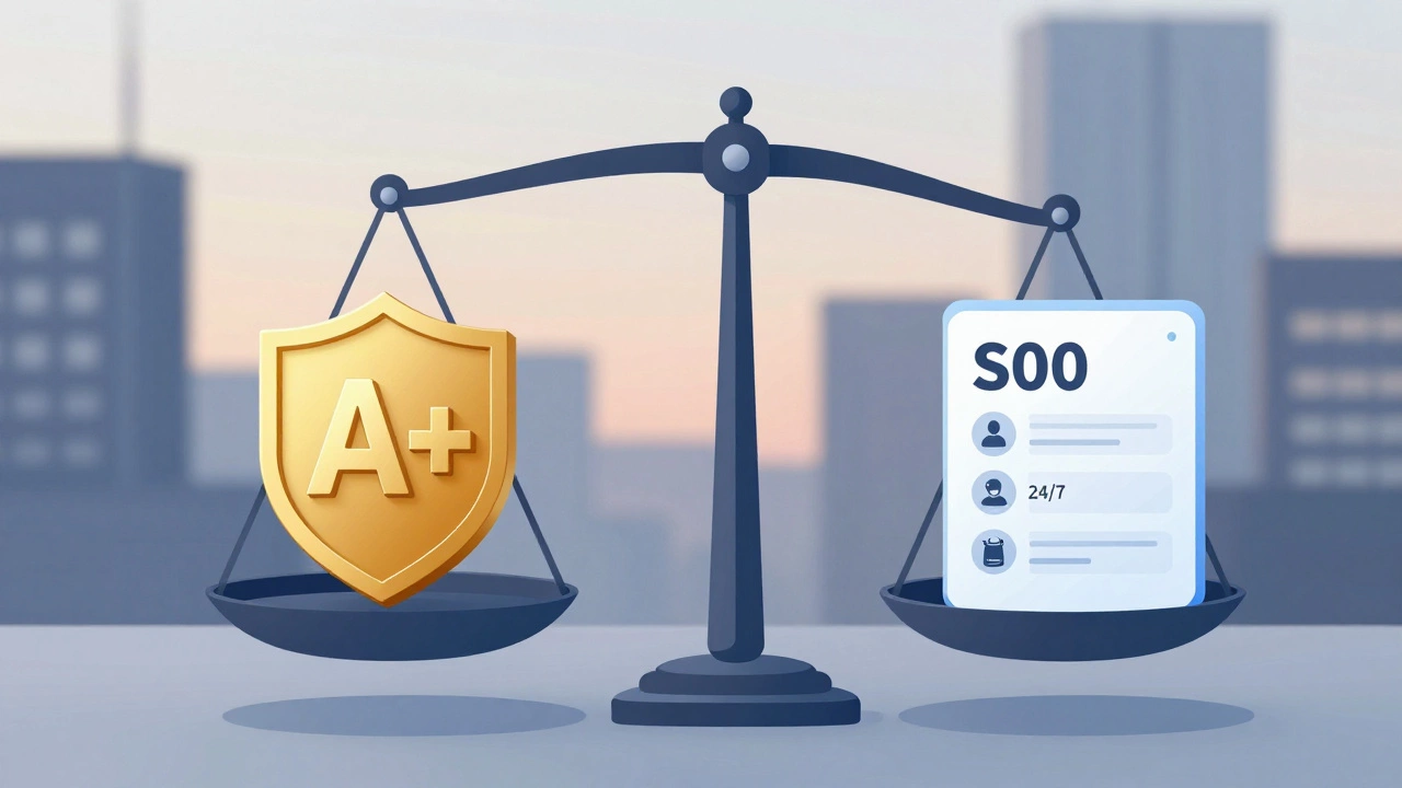 Весы с золотым сейфом и цифровыми иконками, символизирующие надежность Газпромбанка.