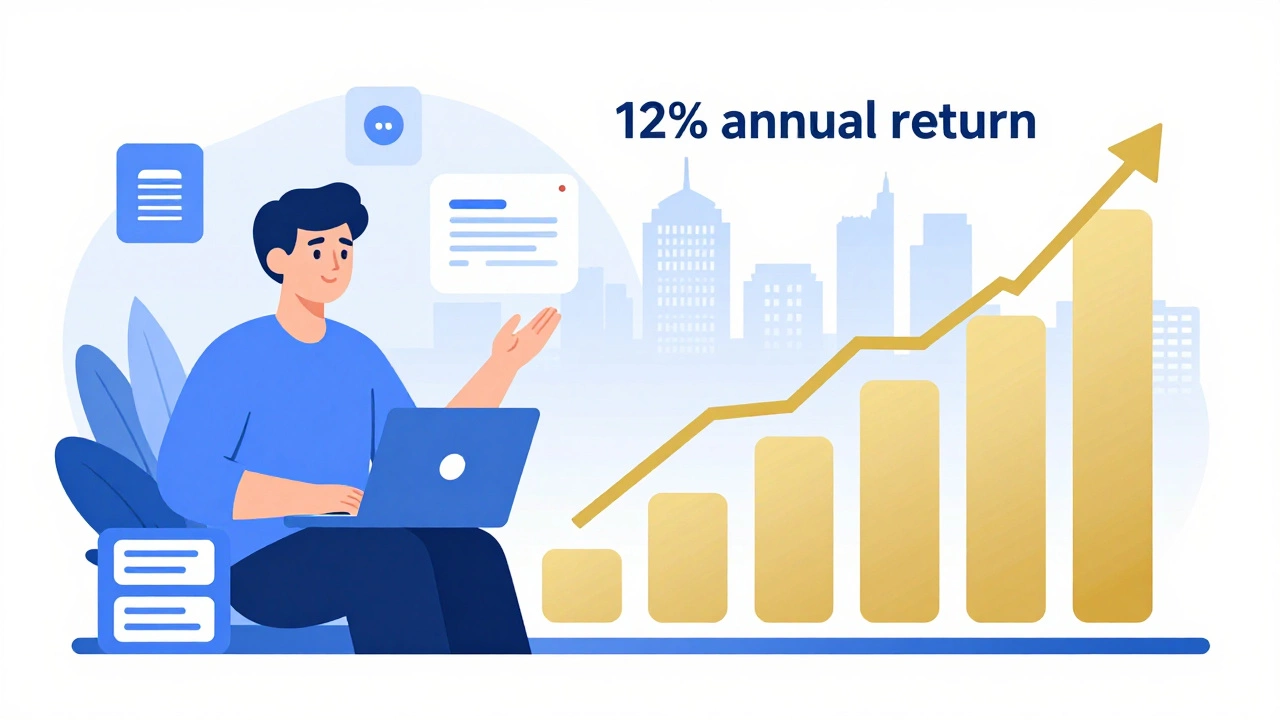 Автоматические инвестиции ежемесячно в ETF и ОФЗ с растущим графиком доходности на фоне городского пейзажа.