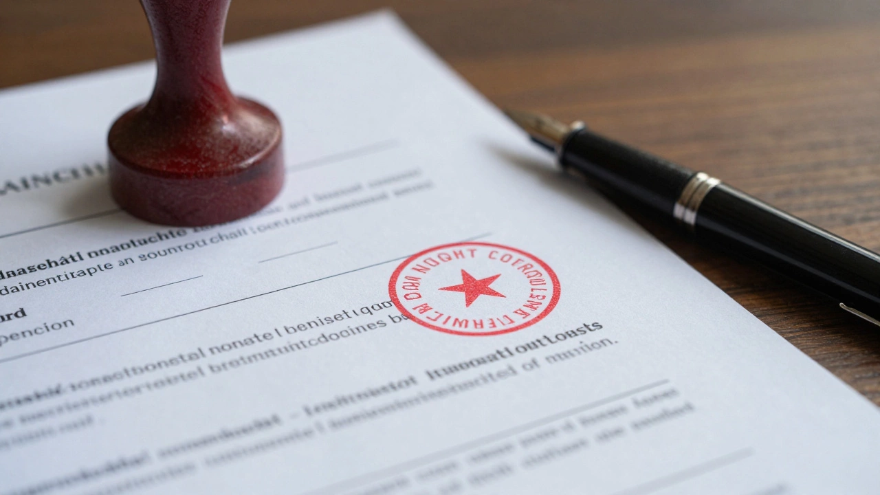 Бумаги с печатью и ручка на столе