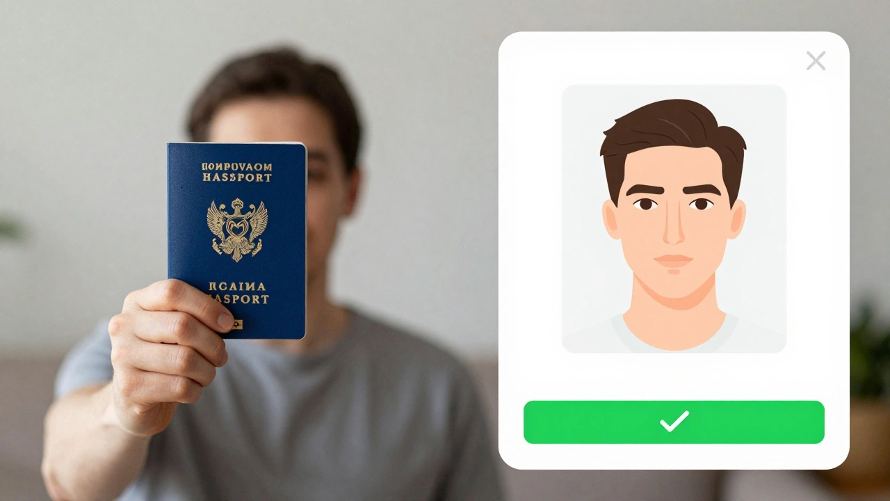 Человек делает селфи с паспортом, одновременно на экране отображается процесс биометрической проверки.