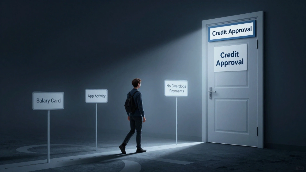 Человек идет по светлому пути к двери одобрения кредита, оставляя за собой туман отказов.