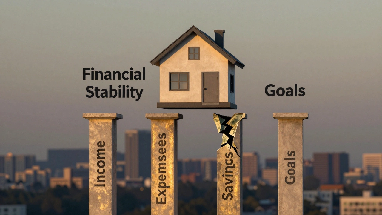 Четыре опоры поддерживают дом, обозначенный как финансовая стабильность, одна из опор треснула.