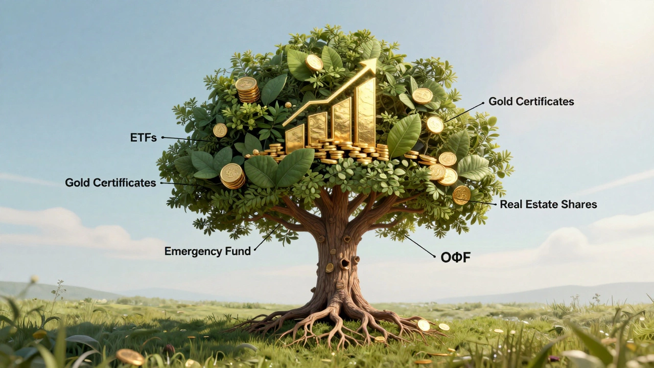 Дерево с корнями и ветвями, символизирующее диверсифицированные инвестиции: ОФЗ, ETF, золото и недвижимость.
