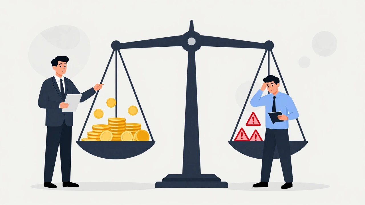 Два клиента: один с стабильной работой и золотыми монетами, другой с нестабильным доходом и предупреждающими знаками, между ними — весы доверия.