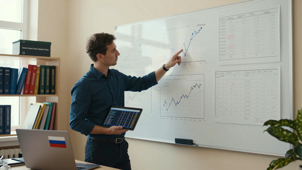 Финансист объясняет хеджирование валютных рисков на доске в офисе региональной компании.