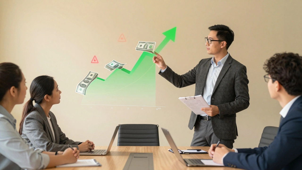Финансовый менеджер представляет прогноз денежных потоков руководству на совещании.