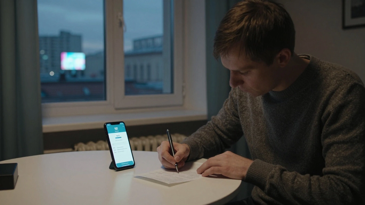 Мужчина подписывает расписку за наличные, на столе — смартфон с подтверждением банковского перевода.