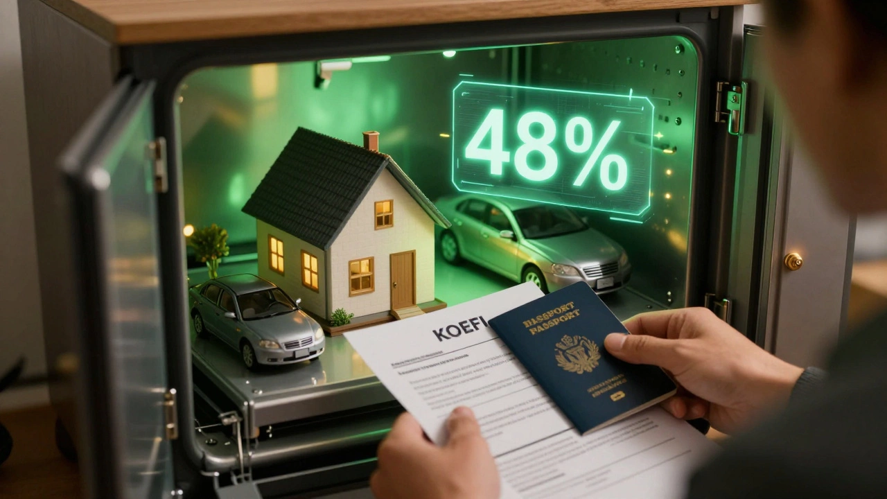 Открытый банковский сейф с залоговыми активами: дом, автомобиль, депозит, а клиент передаёт документы, над ними — цифра коэффициента долговой нагрузки.