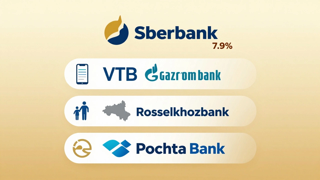 Пять банковских логотипов в ранжированном порядке с указанием процентных ставок по ипотеке на вторичное жилье