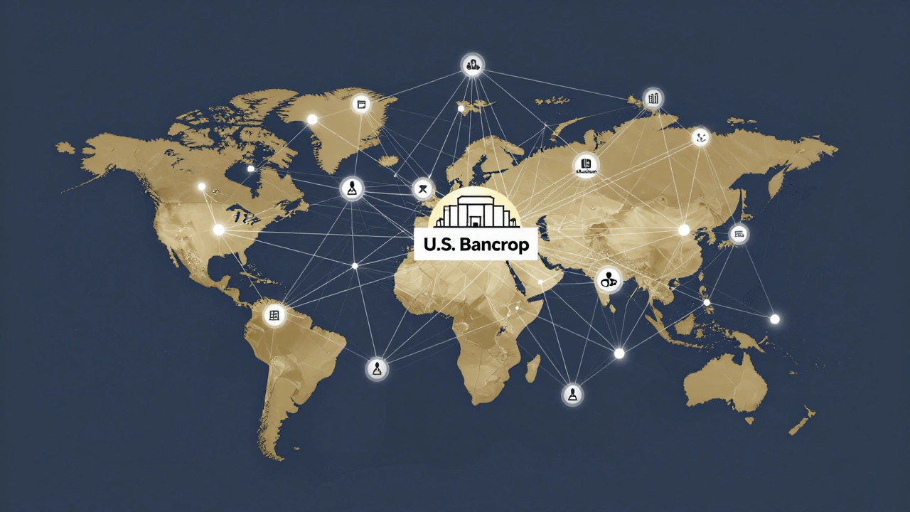 Схема из миллионов точек, соединённых с U.S. Bancorp, символизирующая владельцев акций через пенсионные фонды.