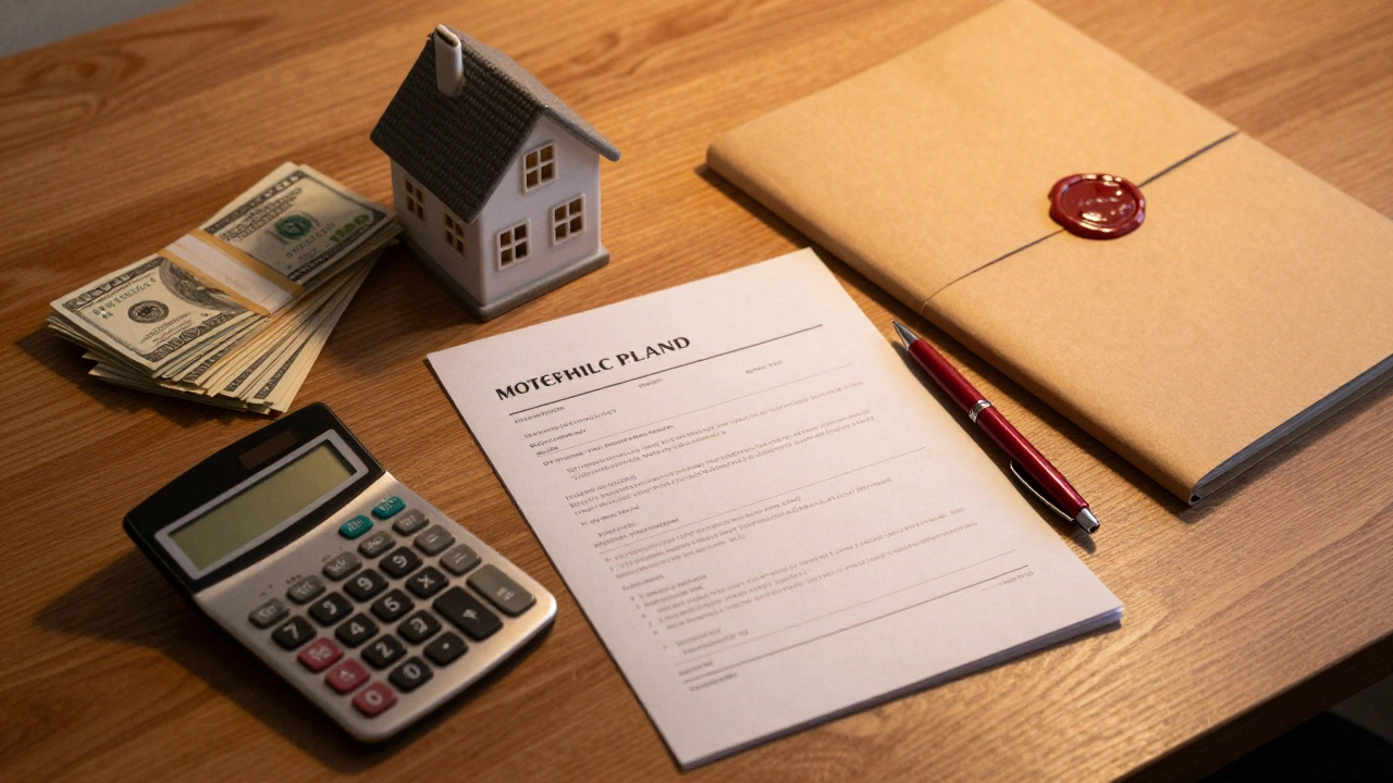 Стол с документами, калькулятором и денежными купюрами