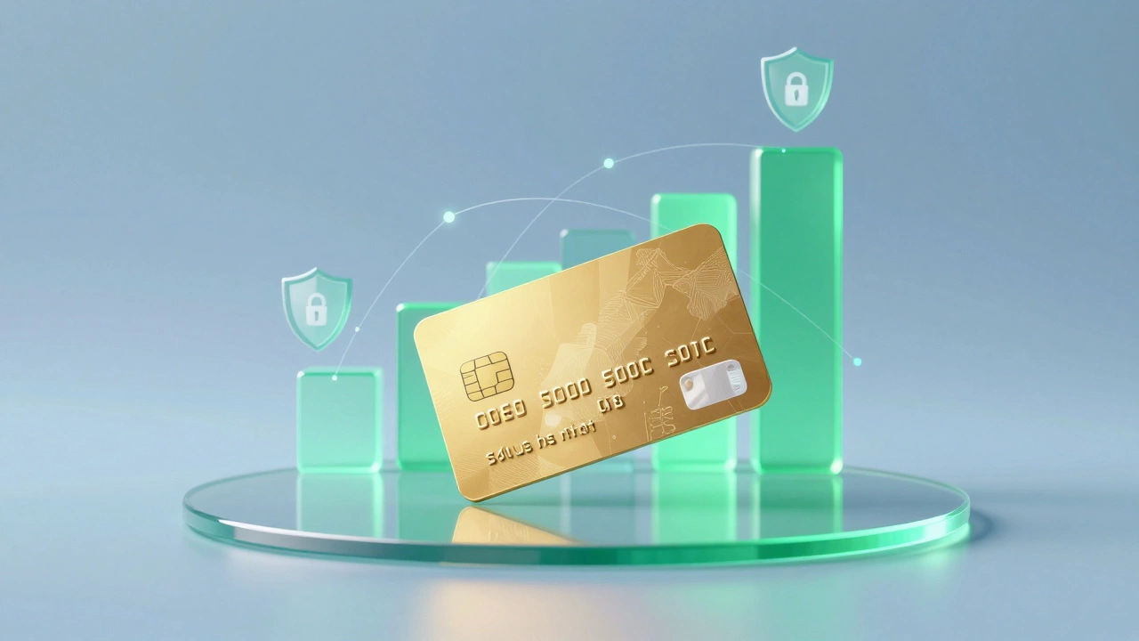 Золотая карта и растущие графики символизируют увеличение лимита по зарплатной карте.