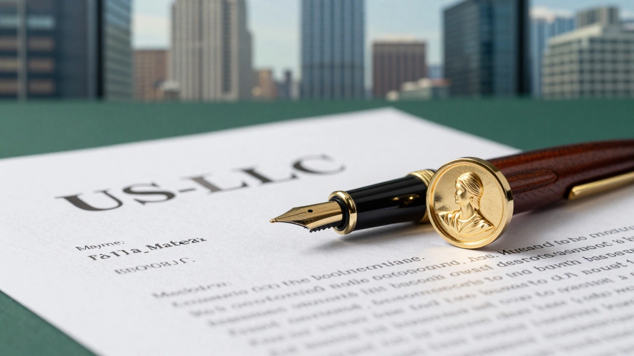 Документы и деловая ручка на фоне городского пейзажа, символизирующие регистрацию LLC