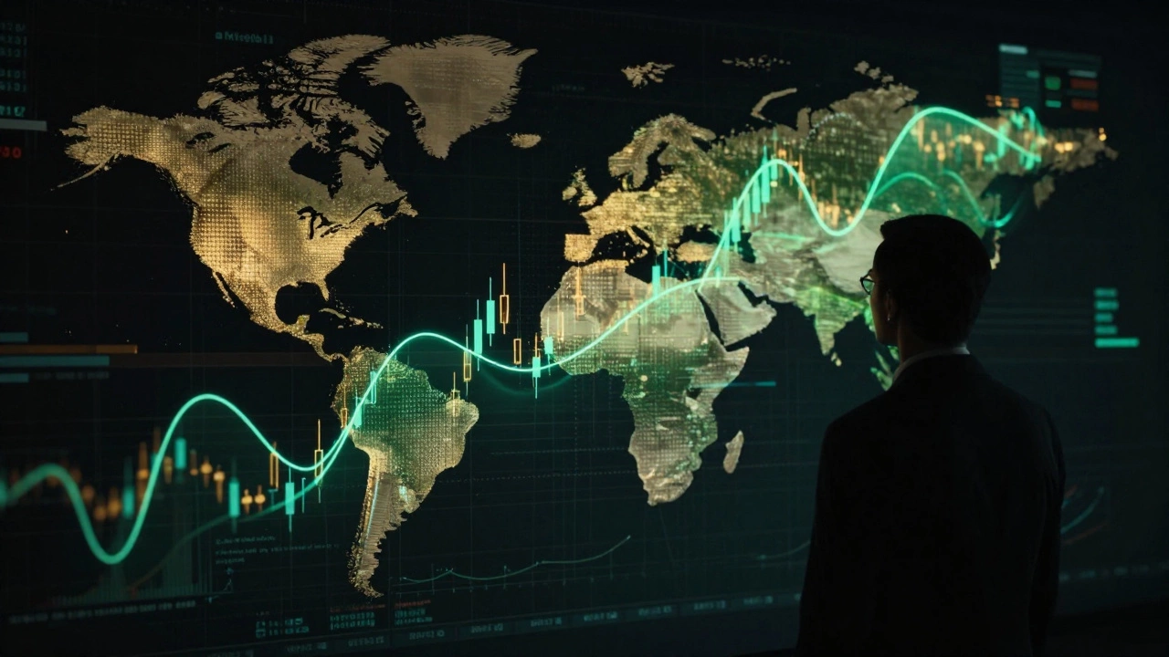 Голографические графики вероятности и котировок акций в современном офисе