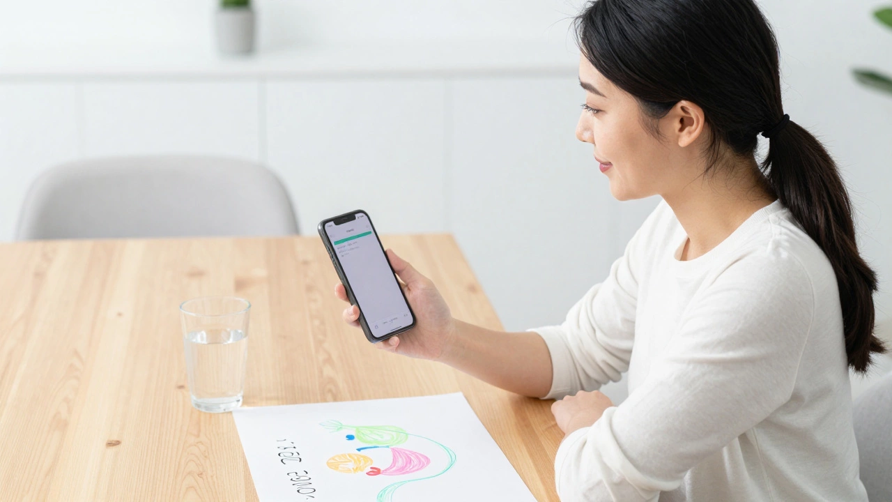 Мать с телефоном в светлом интерьере после оформления выплаты