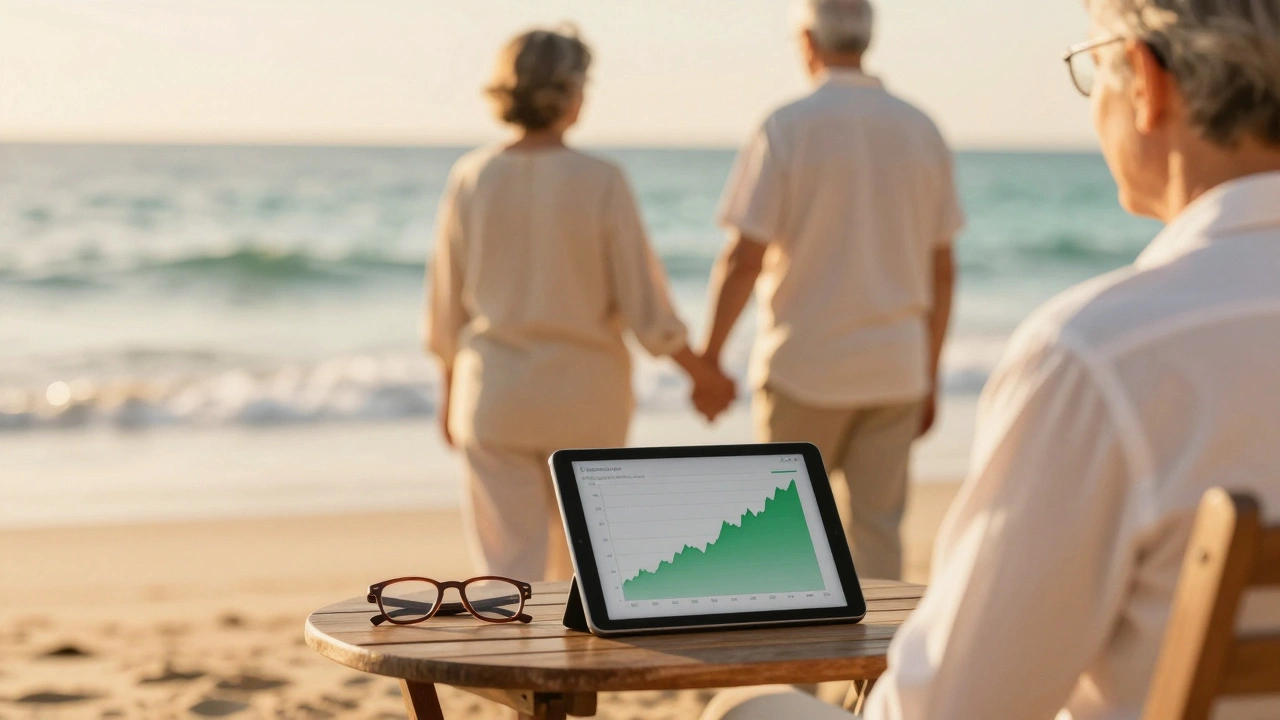 Пожилая пара на пляже, символизирующая финансовую свободу и пассивный доход