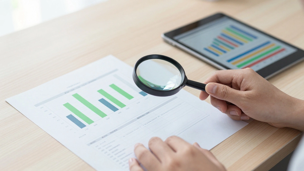 Руки с лупой анализируют финансовые отчеты и графики расходов на столе