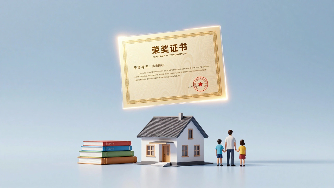Символическое изображение сертификата, дома и книг
