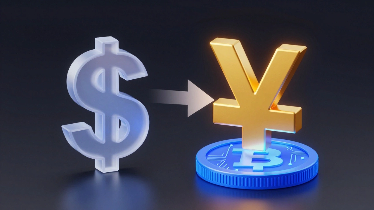 Символы доллара, юаня и цифрового рубля, представляющие смену валют